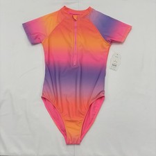 NWT Wonder Nation BubblePink Girls 1 Piece Short Sleeve Swimsuit 10-12 L UPF-50