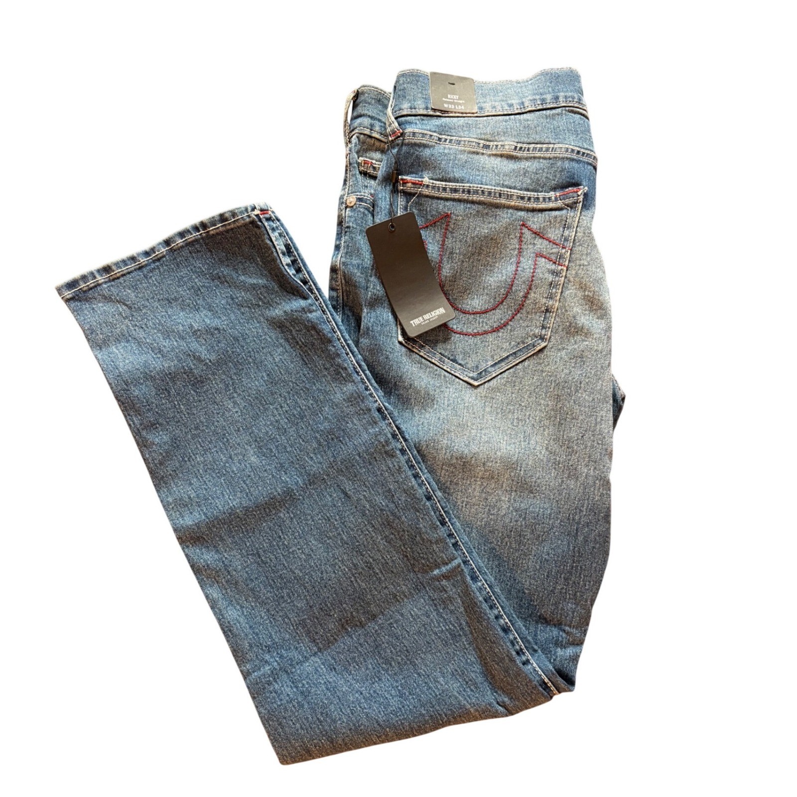 True Religion Ricky Relaxed Straight Jeans Medium Wintry Wash Red Stitch 33x34 thumbnail 2