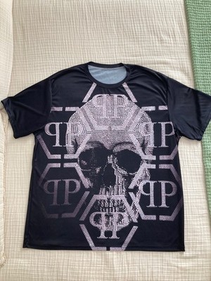 Philipp Plein Rhinestone Skull Logo Black Men's Short Sleeve Shirt