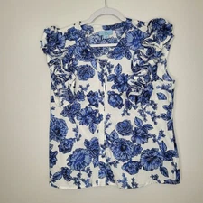 Cece blue white preppy 3d flower button front coastal classic boxy top size med