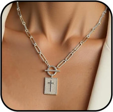 Chunky Cross Paperclip Necklace for Women Gold Silver Cross Toggle Clasp Necklac
