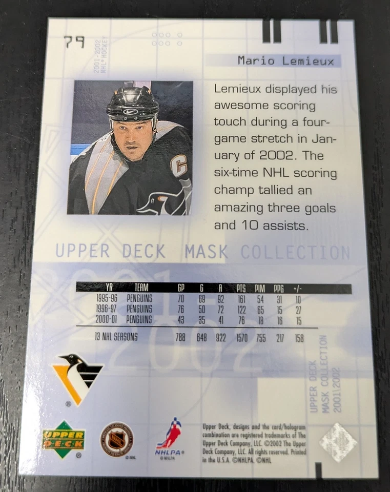 2001-02 UPPER DECK MASK COLLECTION HOCKEY #79 MARIO LEMIEUX PITTSBURGH PENGUINS - Image 2 of 2