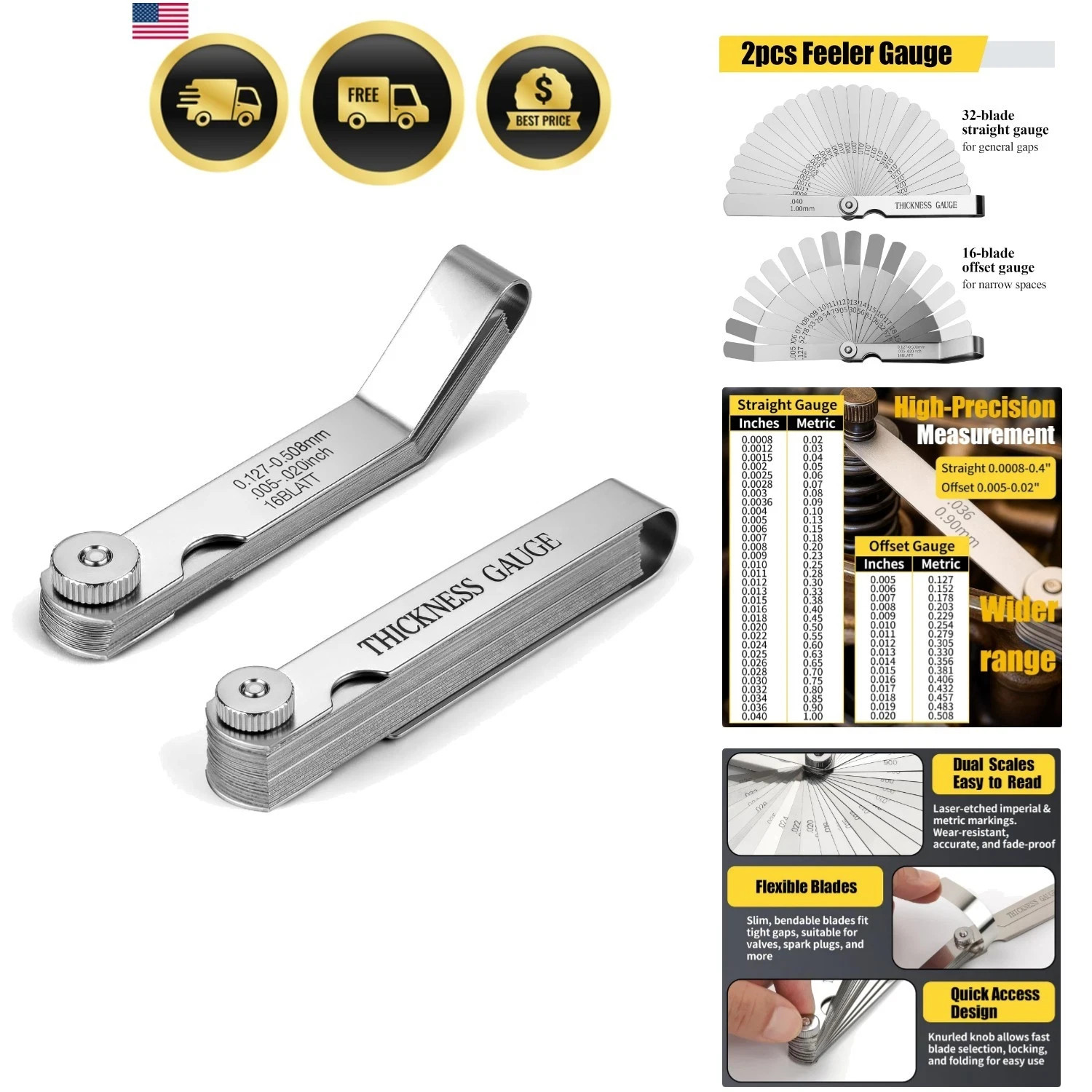 Feeler Gauge Set 2pcs Stainless Steel 32 Straight 16 Offset Blades SAE Metric