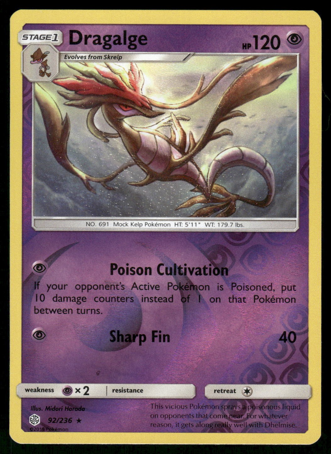 2019 Lightly Played Pokemon Dragalge 92/236 Cosmic Eclipse