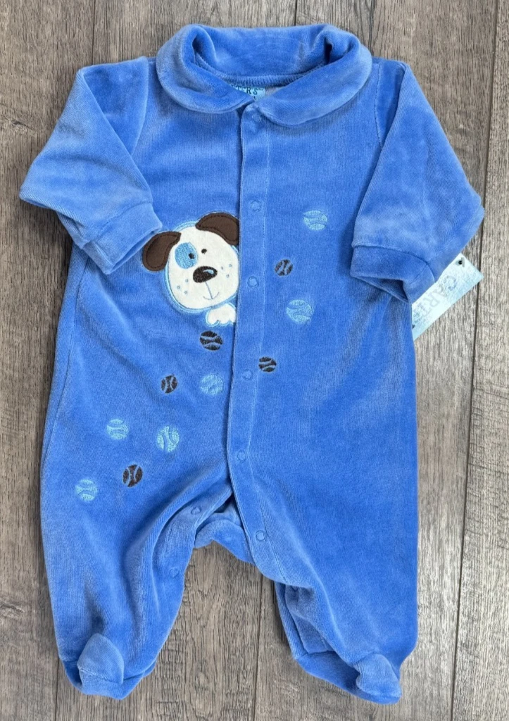 Baby Boy Clothes New Vintage Carter's 0-3 Month Blue Velour Dog Footed Outfit