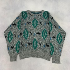 Vintage Abstract Knitted Jumper Patterned Grandad Chunky Knit Sweater Men's L