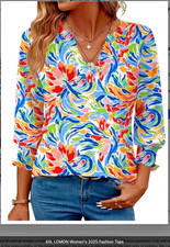 LOMON Women's 2025 Top, 3/4 Sleeve Business Casual Blouse, Azure Floral 3XL
