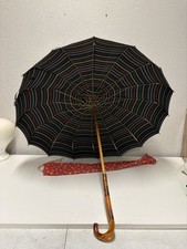 Vintage Cane Umbrella Black W Stripes Fabric Lucite Handle 30  BH