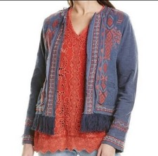 Johnny Was Biya Small Cotton Cardigan Embroidered Jacket Fringe Coat Geometric