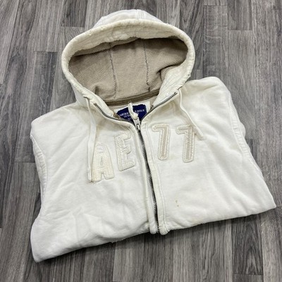 AMERICAN EAGLE Full Zip Up Off - White Hooded Sweatshirt Hoodie Men's Size 2XL