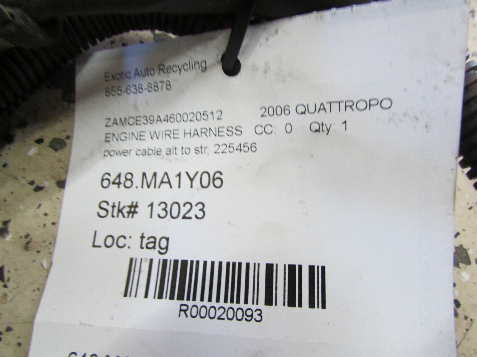 Maserati Quattroporte, Alternator to Starter Power Cable, P/N 225456