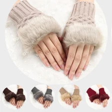 Women Winter Fingerless Crochet Knitted Gloves Mittens Soft Warm Fleece Lined
