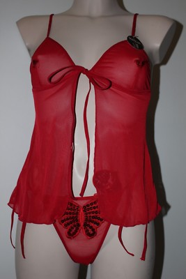 New Déshabillé Baby-Doll + Sexy Butterfly Thong Red Size 38 Erotic,