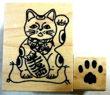 Luck Cat and Little Paw Print Set of 2 Wood Mounted Rubber Stamps