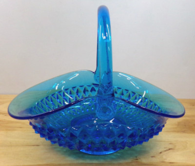 Vintage Indiana Glass Tiara / Flower Basket Blue Large Diamond Point Pattern