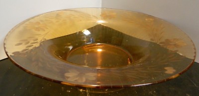 Vintage Etched Footed Amber Art Glass Centerpiece Round Bowl 3'' x 12.13'' VG-Exc