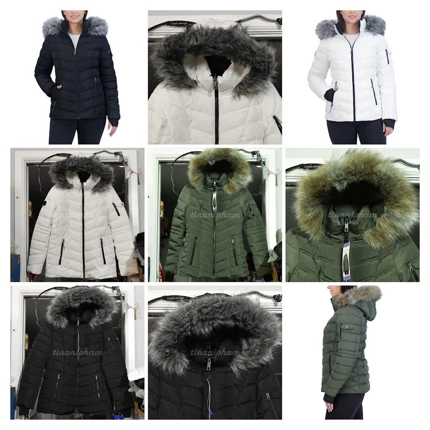Nautica Ladies' Puffer with Faux Fur Hood BLACK, GREEN , WHITE
