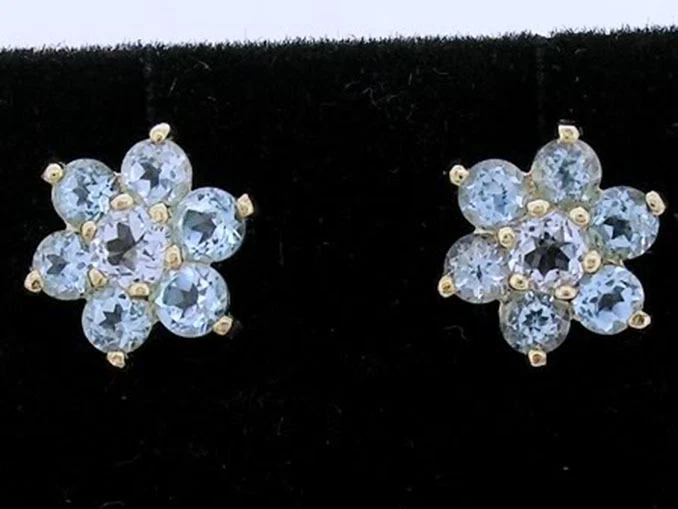 s E058 Genuino Oro Amarillo 9K Natural Aguamarina Flor Racimo Pendientes Foto 3 de 4