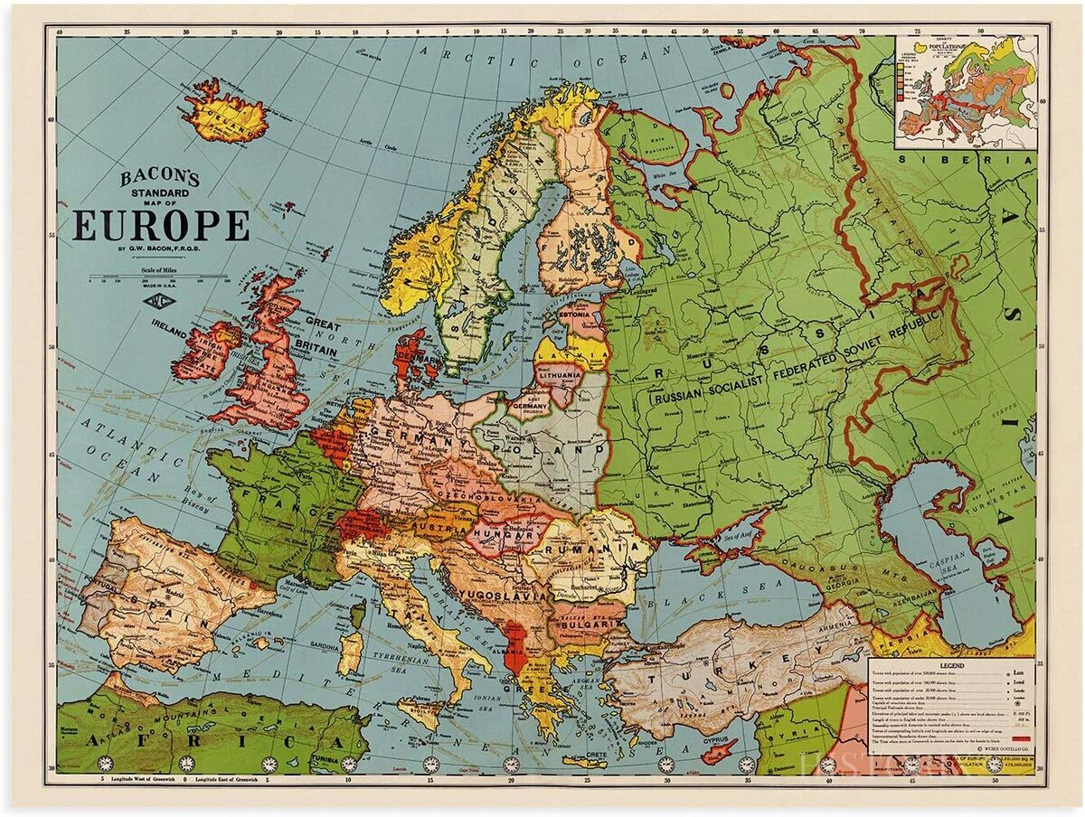 1925 Map of Europe Poster - Vintage Standard Map of Europ Wall Art Decor  Print