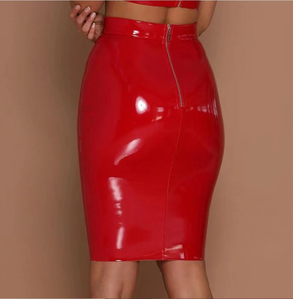 Sexy Falda Lápiz Elástica Delgada Imitación Látex Mujeres Cintura Alta Bodycon Cuero Foto 2 de 4
