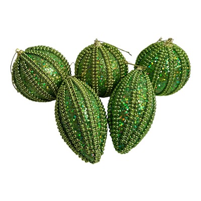 Lime Green Glitter Beaded Christmas Ornament Lot Of 5 Lightweight Wicked Goblin