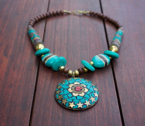 Turquoise & Coral Tibetan & Nepalese Tribal Style Boho Hippie Unique Necklace  - Zdjęcie 6 z 9