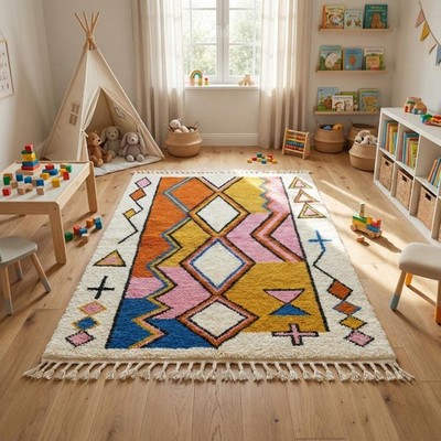 Colorful Moroccan Rug, Abstract Wool Area Rug, Modern Boho Decor,