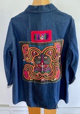 OOAK Handmade Upcycled MOLA Embellished Long Denim Jacket WEARABLE ART