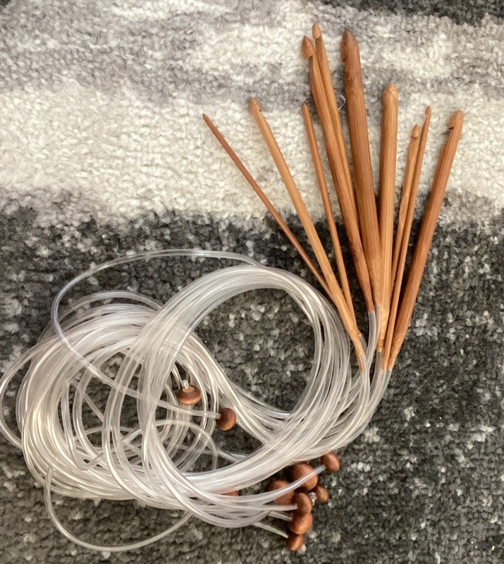 Set of 9 Afghan Tunisian Bamboo Crochet Hooks W 36” Cords, Sz 7-10mm, 3-5.5mm