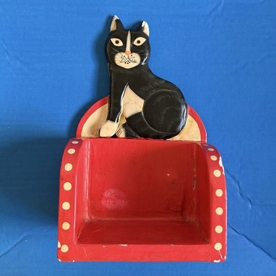 Wooden Cat Figurine Shelf Vintage Hand Carved Primitive Folk Art Indonesia 9x6 