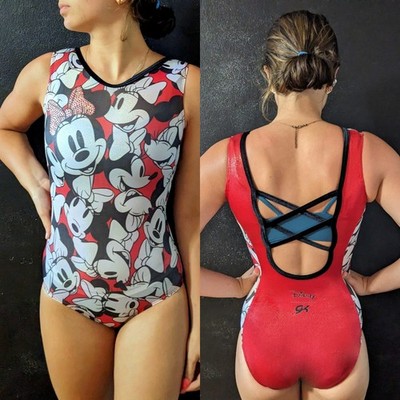 GK Disney Gymnastics Leotard Minnie Mouse Flip Side Open Back Red White Size CL