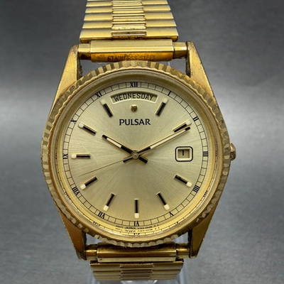 #ad Seiko Pulsar President Watch Men 35mm Champagne Dial Gold Daydate New Battery $39.99