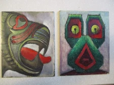 2 VTG Small Painting on Board Andre Delfau French Surreal Abstract Tribal Mask!3