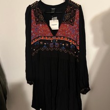 Desigual Black Viscose Embroidered Boho Tiered Short Dress