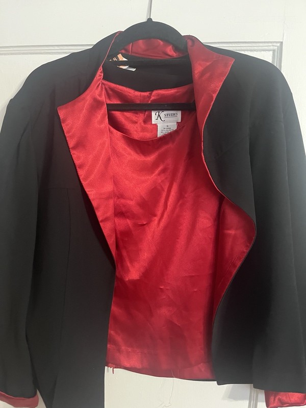 K Studio Classic Shinny Red Top With Black Coat With Red Trim. Size 16 Ex. Cond.