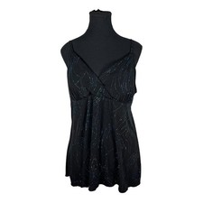 Vintage Y2K Cami Top Black Mesh Rhinestone Glitter Swirl Babydoll Tunic Medium