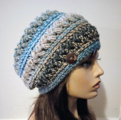 crochet womans handmade hat beanie jigsaw blue puffs