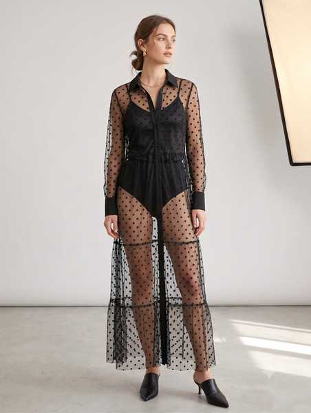 ZARA Black Sheer Mesh Polka Dot Maxi Shirt Dress Size Small