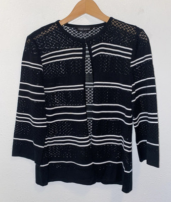 Ming Wang Black White Stripe Open Knit Cardigan Career  Sweater Small