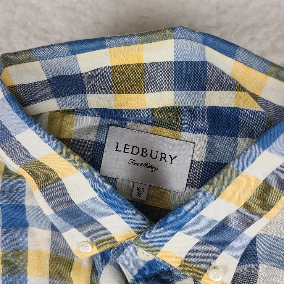 Camisa Ledbury Para Hombres 16.5-35 Azul Amarillo Blanco Vestido A Cuadros Lino Con Botones Foto 4 de 4