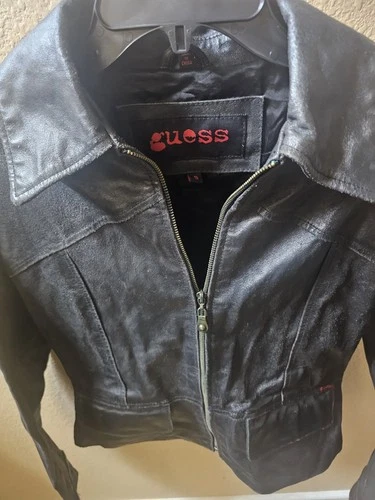 Vintage Guess Genuine Leather Black Motorcycle Jacket Women's S. Front Pockets video thumbnail