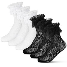 6 Pairs Women's Lace Ruffle Frilly Crew Socks One Size Black and White