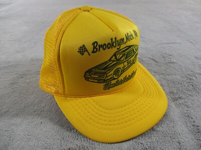 Vintage Brooklyn Mich Americas Fastest Sport Trucker Yellow Snap Back EUC