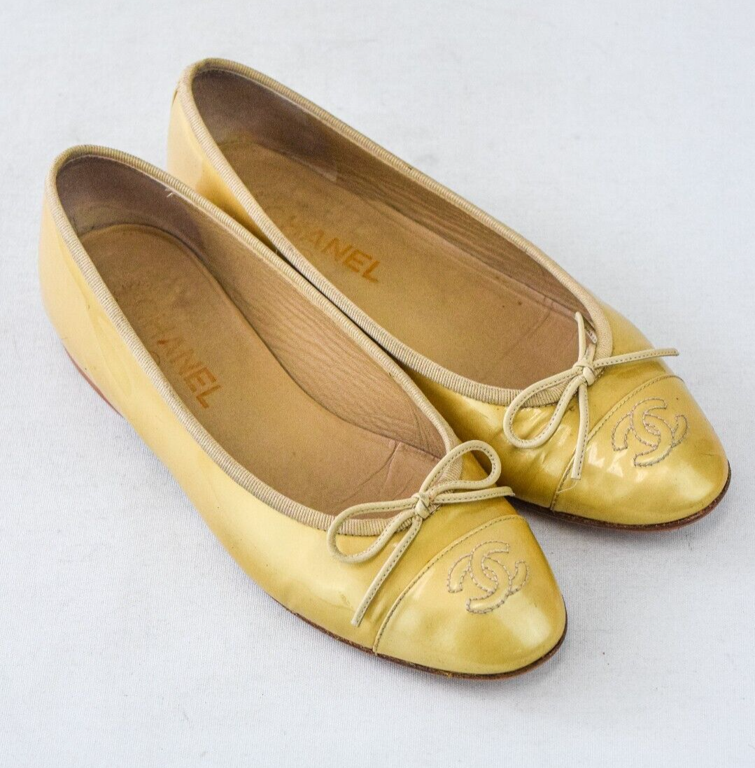CHANEL Ballet Flats 37.5 Patent Gold Cap Toe Ballerina CC Logo