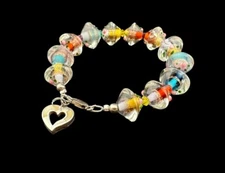 925 Lampwork Rainbow Art Glass Bead Bracelet Heart Enamel Dangle Charm Vintage