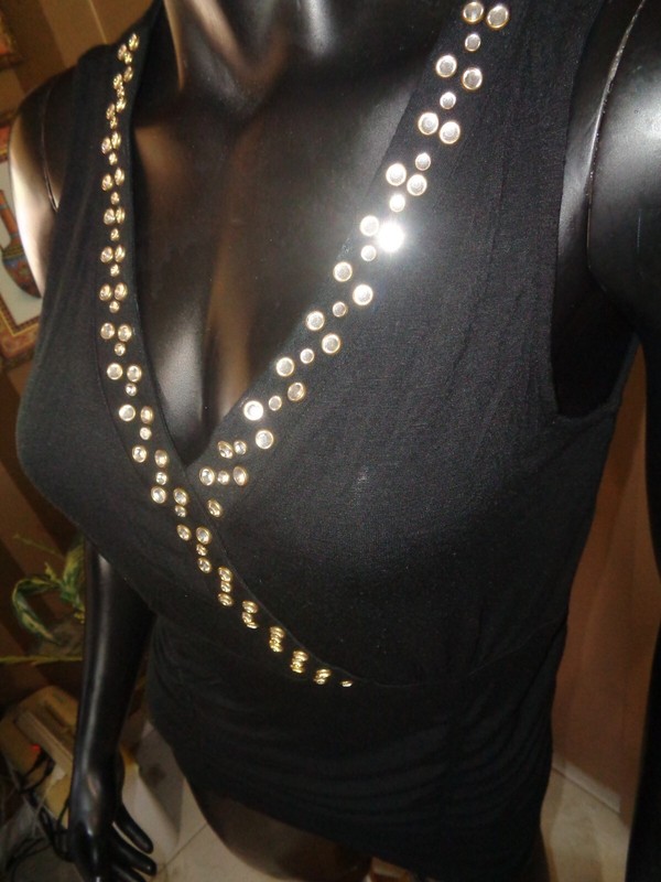 Belldini, S, BLACK, XOVER, OPAQUE BULBOUS RHINESTONE TRIM, STRETCH FITTED, TOP