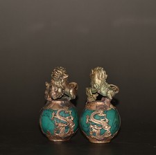 Collectible China old turquoise inlay tibet silver lion dragon ball pair statue