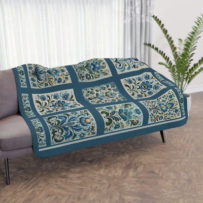 Scandi Blue Folk Art Blanket, Scandinavian Art Style Wedding Gift, Boho Decor
