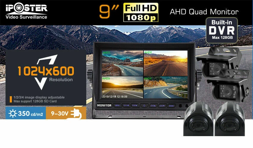 9" Split Screen DVR Monitor AHD 1080P Color 4PIN Rear View Camera 32GB For Truck - Image 3 of 4