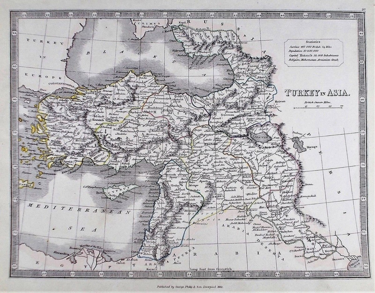 OLD ANTIQUE MAP TURKEY in ASIA CYPRUS c1852 by G PHILIP OUTLINE